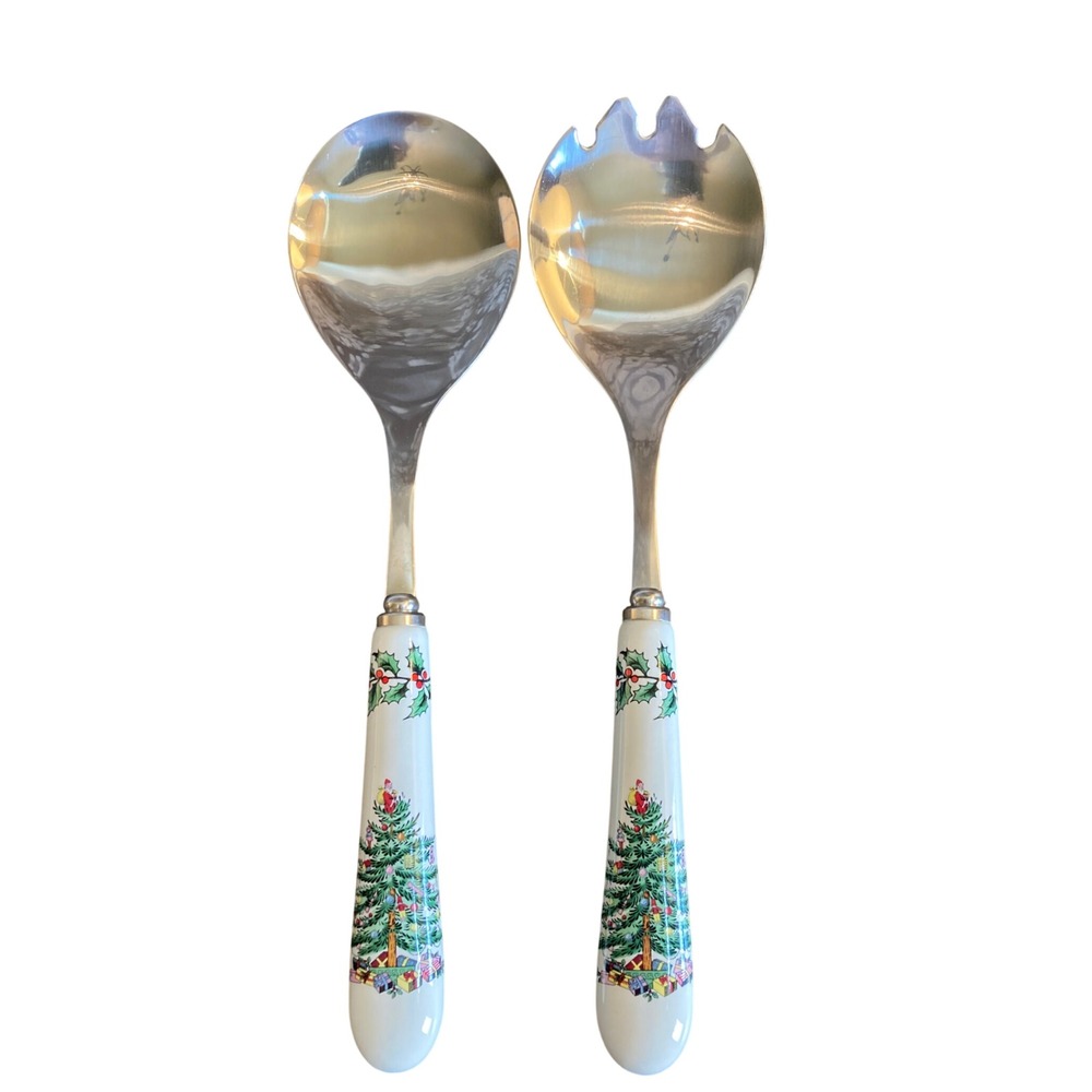 Spode Christmas Tree Salad Server Set Stainless Steel Ceramic Handles 2pc 9.75in